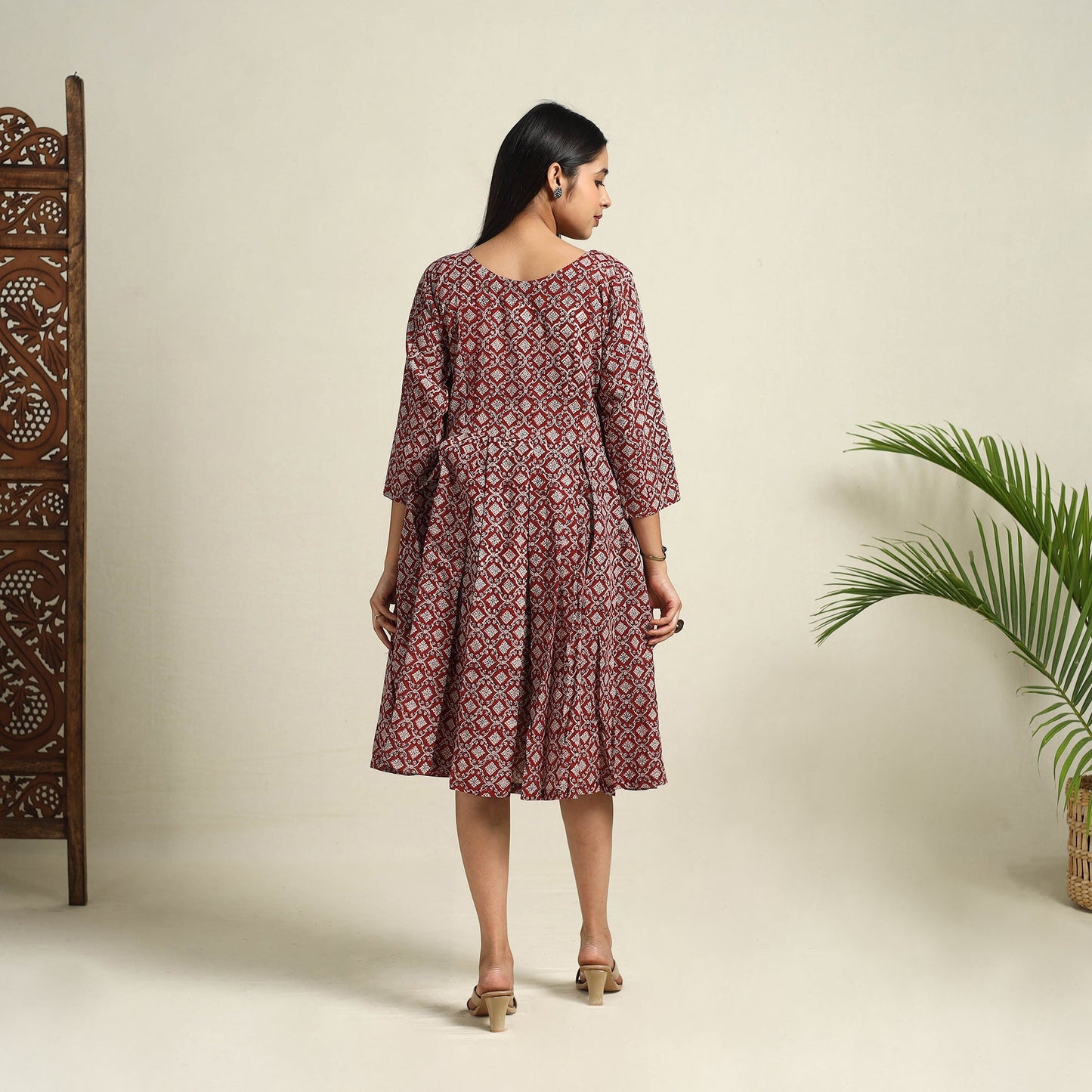 Red Block Print Mul Cotton Short Flared Bagh Dress
