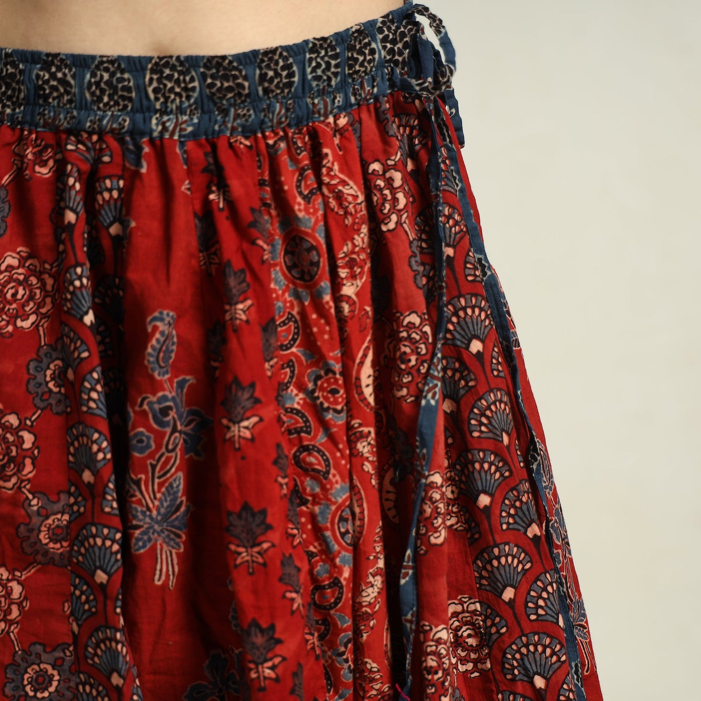Red - Ajrakh Block Printed 24 Kali Patchwork Cotton Long Skirt 08