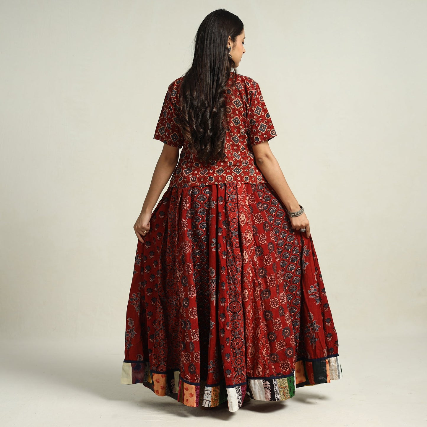 Red - Ajrakh Block Printed 24 Kali Patchwork Cotton Long Skirt 08