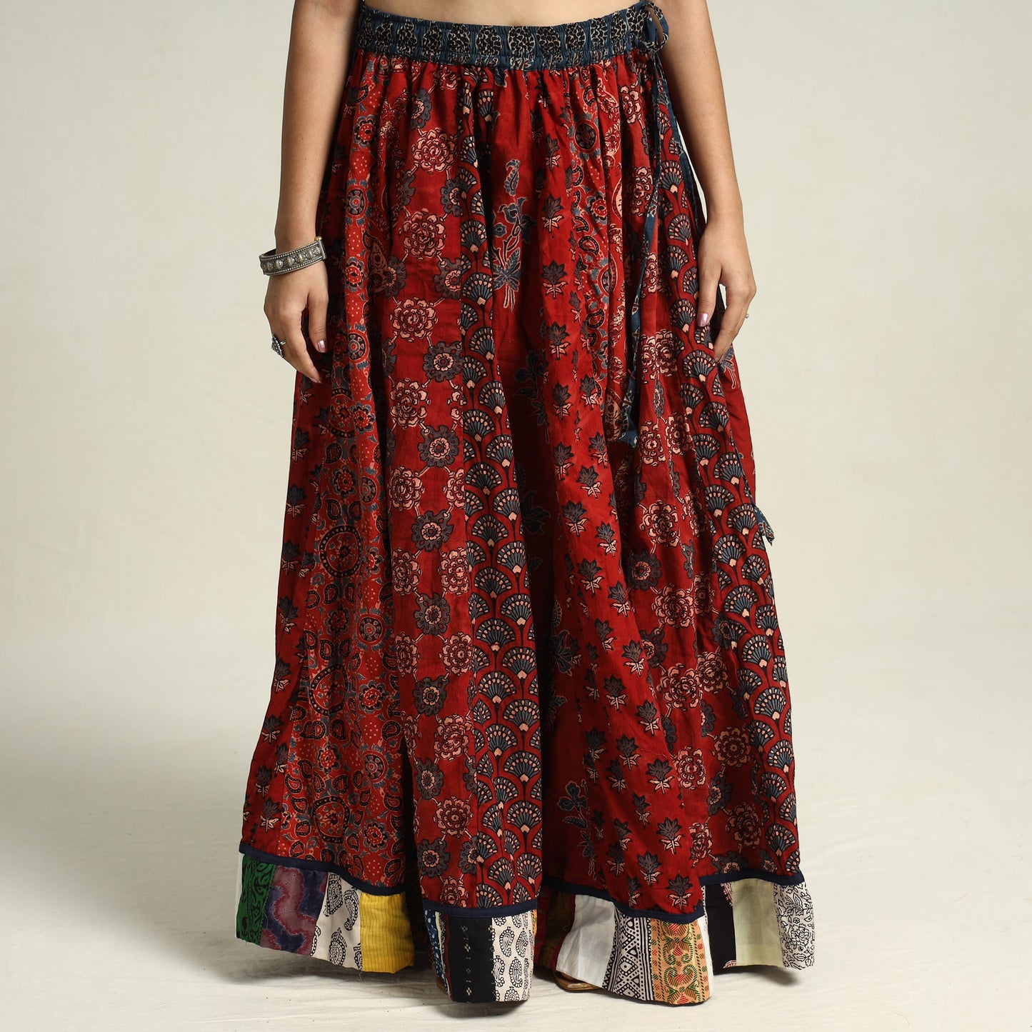 Red - Ajrakh Block Printed 24 Kali Patchwork Cotton Long Skirt 08