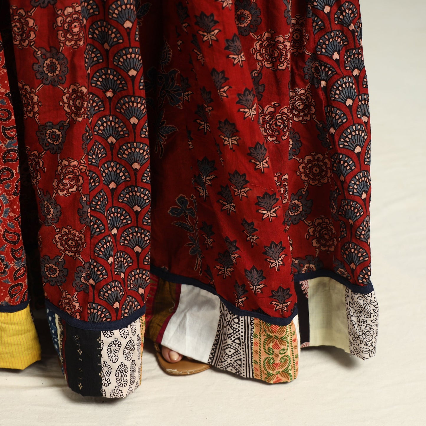 Red - Ajrakh Block Printed 24 Kali Patchwork Cotton Long Skirt 08