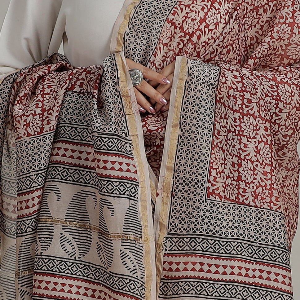 Block Printed Chanderi Silk Bagh Dupatta