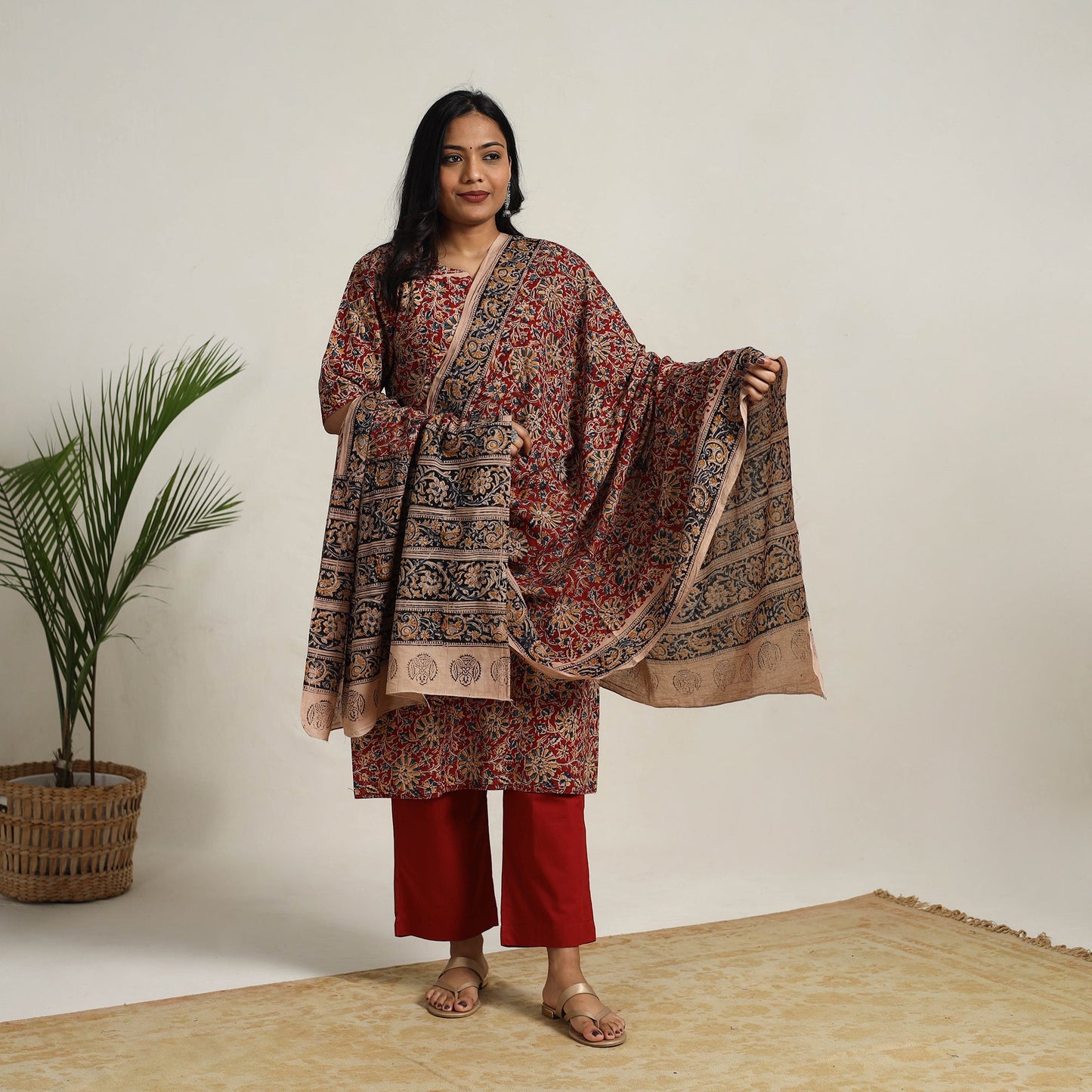 Red - printed cotton kalamkari kurta set 20 - handcrafted