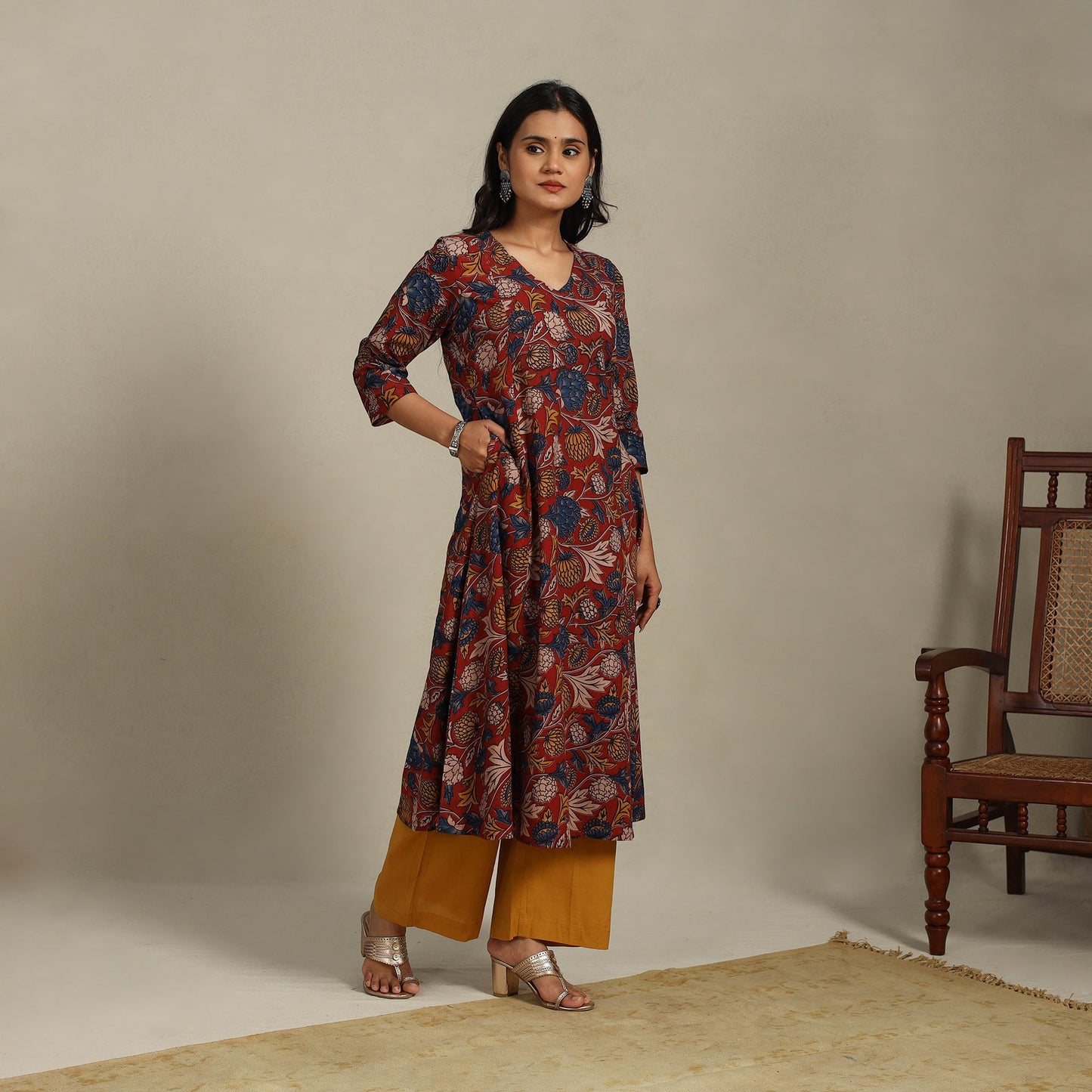 Red Printed Cotton A-Line Kalamkari Kurta