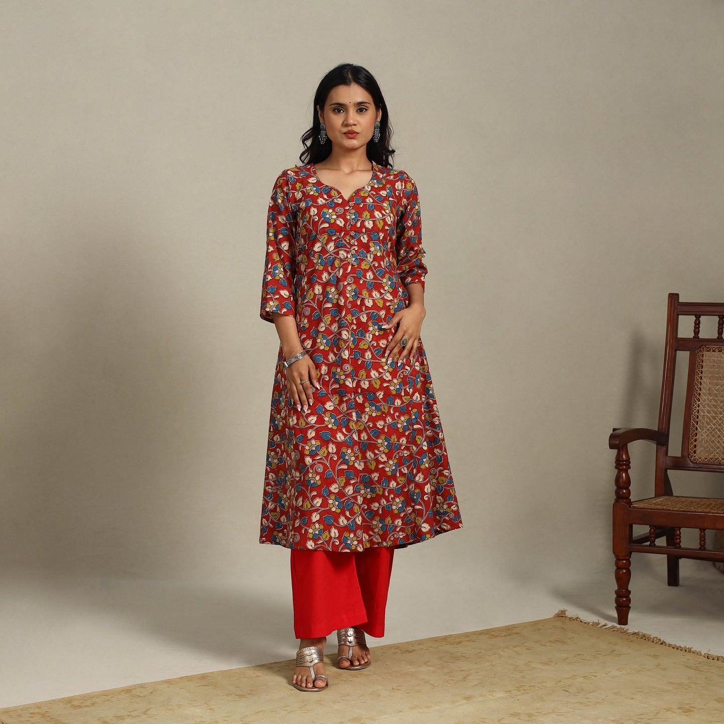 Red Printed Cotton A-Line Kalamkari Kurta