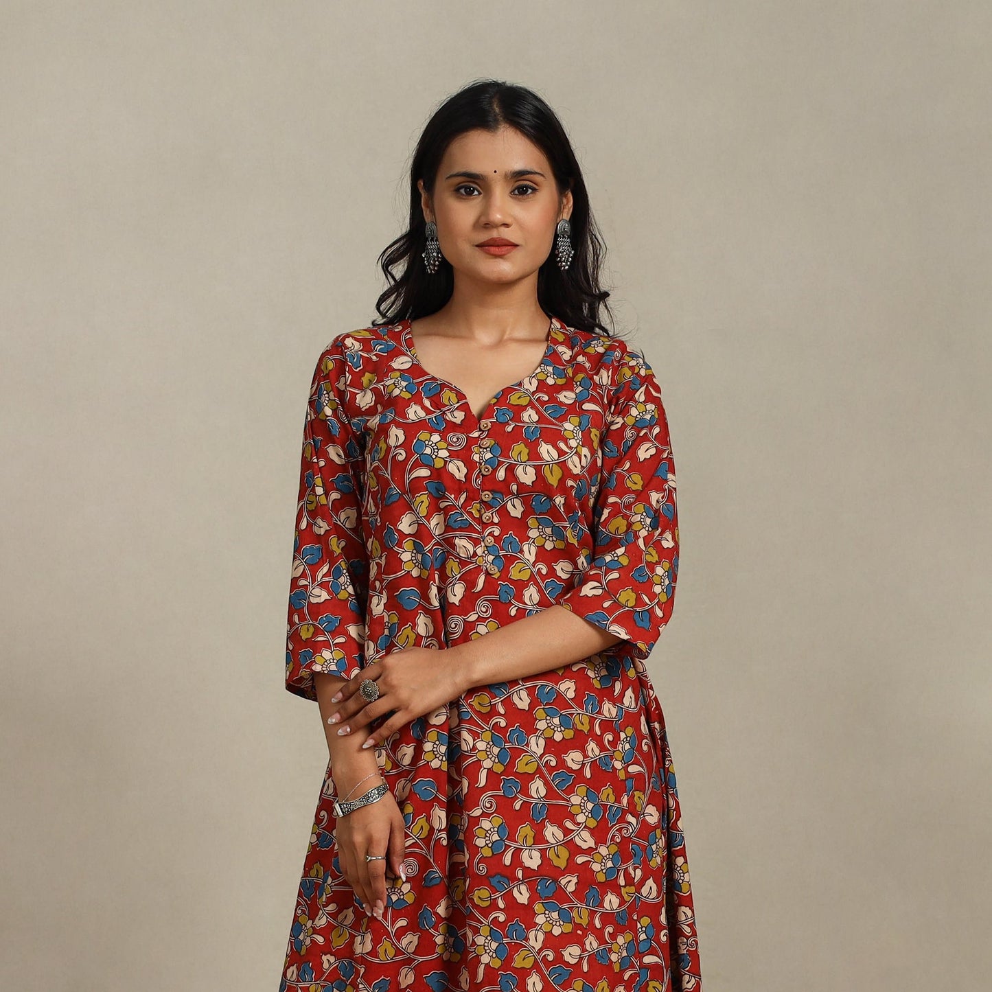 Red Printed Cotton A-Line Kalamkari Kurta