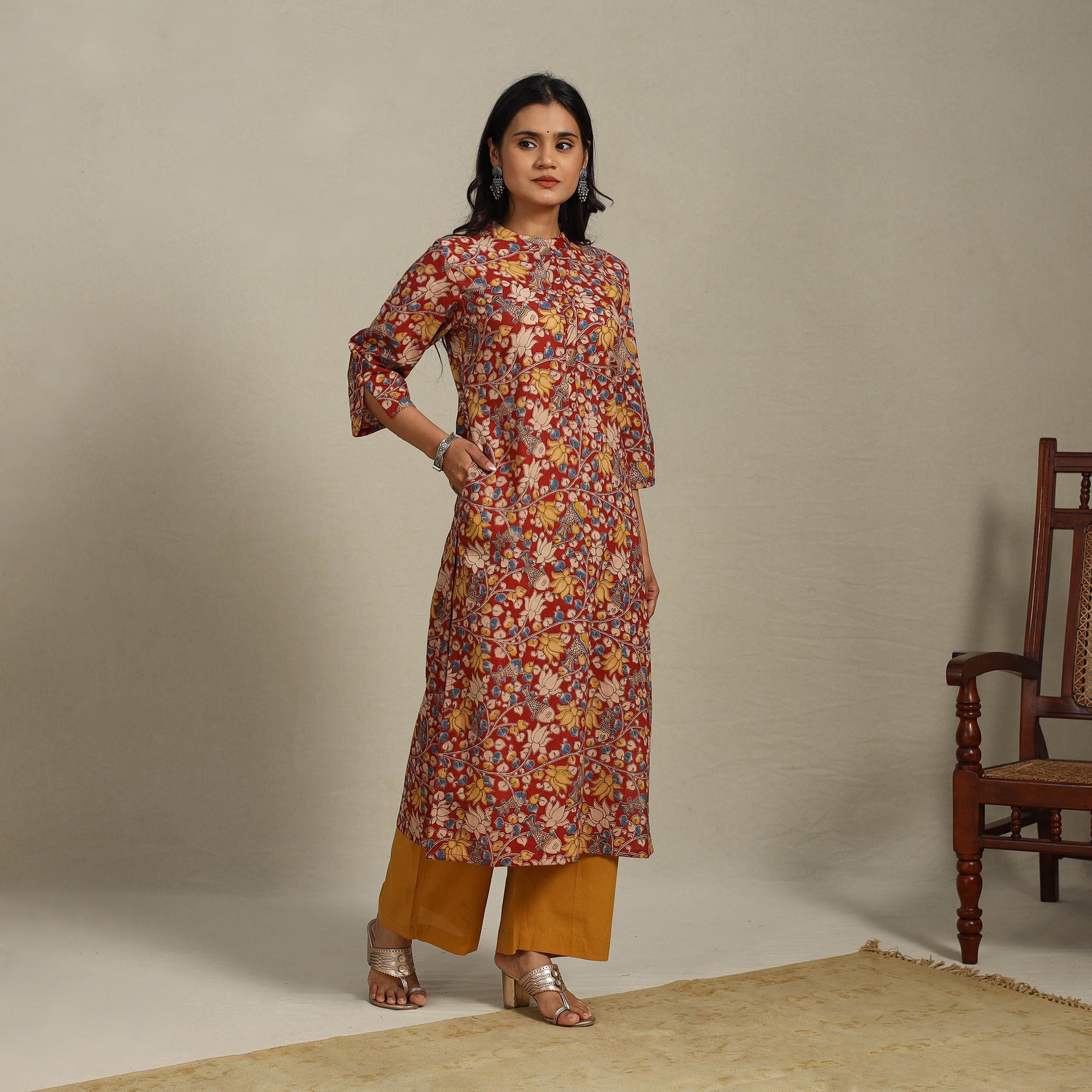 Maroon - Kalamkari Printed Cotton Straight Kurta