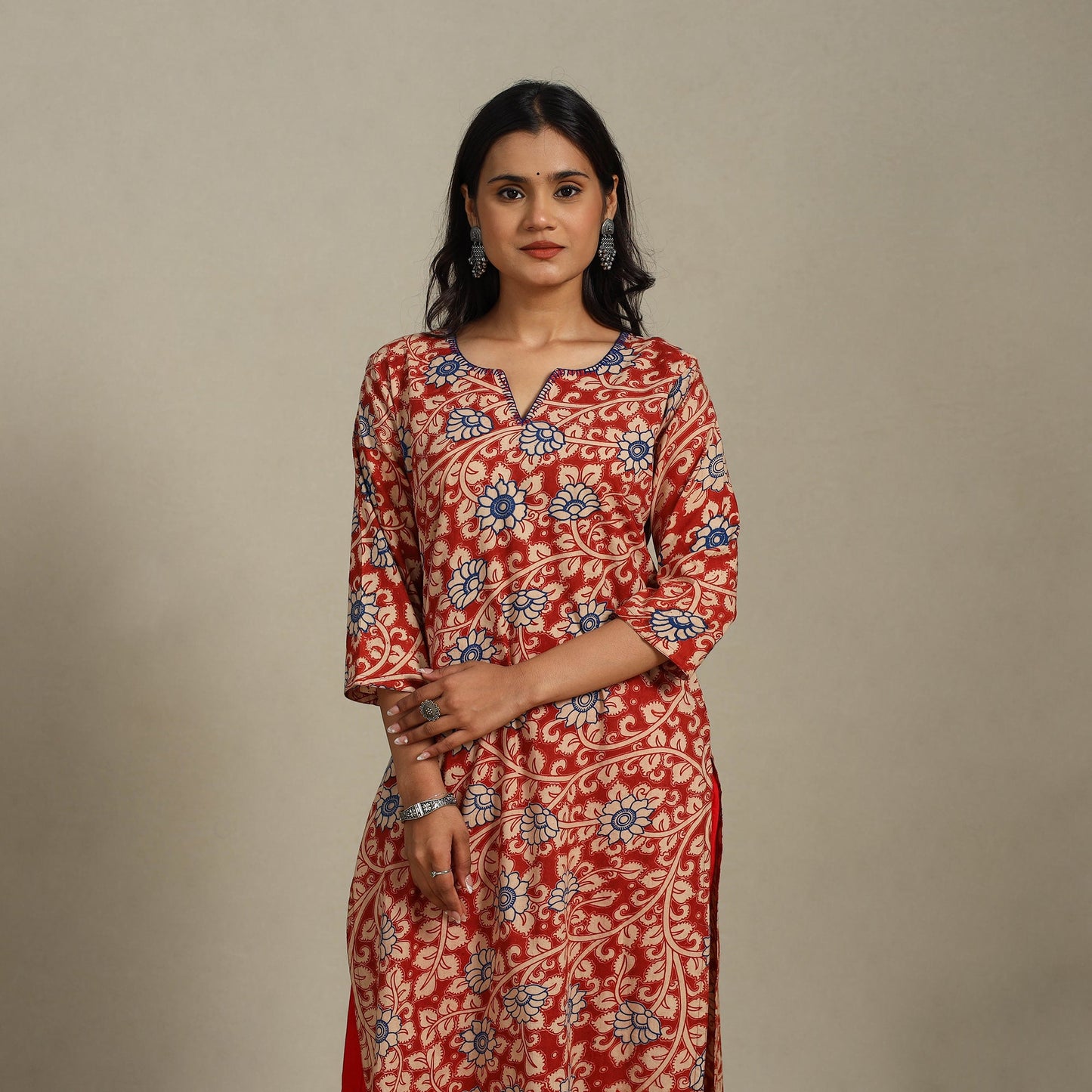 Red Printed Cotton Straight Kalamkari Kurta