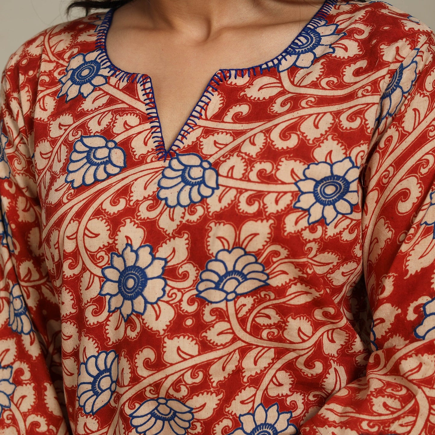 Red Printed Cotton Straight Kalamkari Kurta