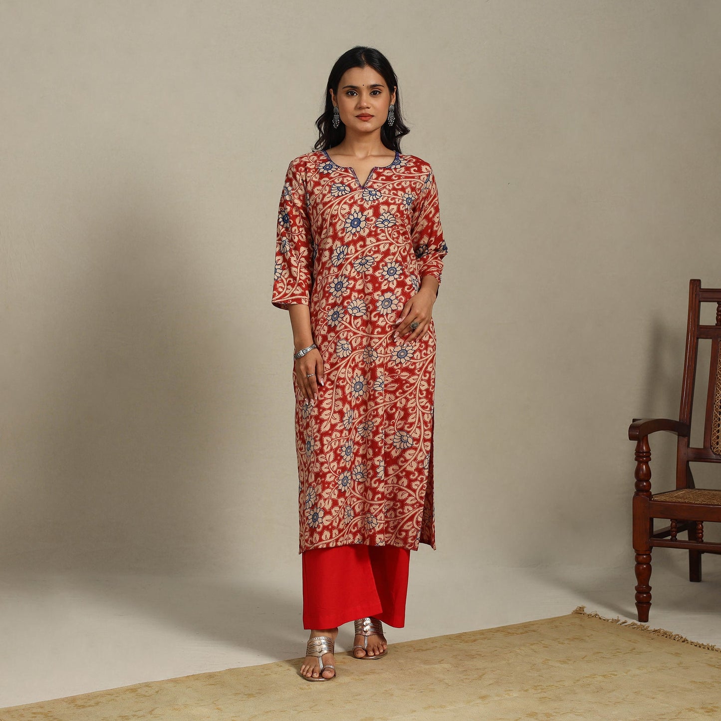 Red Printed Cotton Straight Kalamkari Kurta