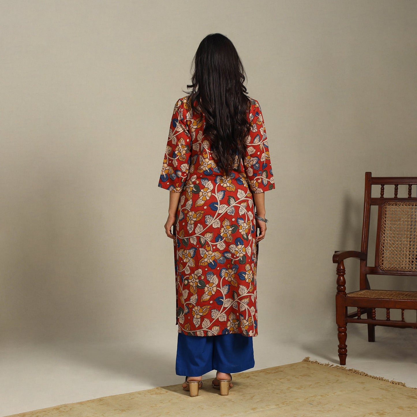 Red Printed Cotton Straight Kalamkari Kurta
