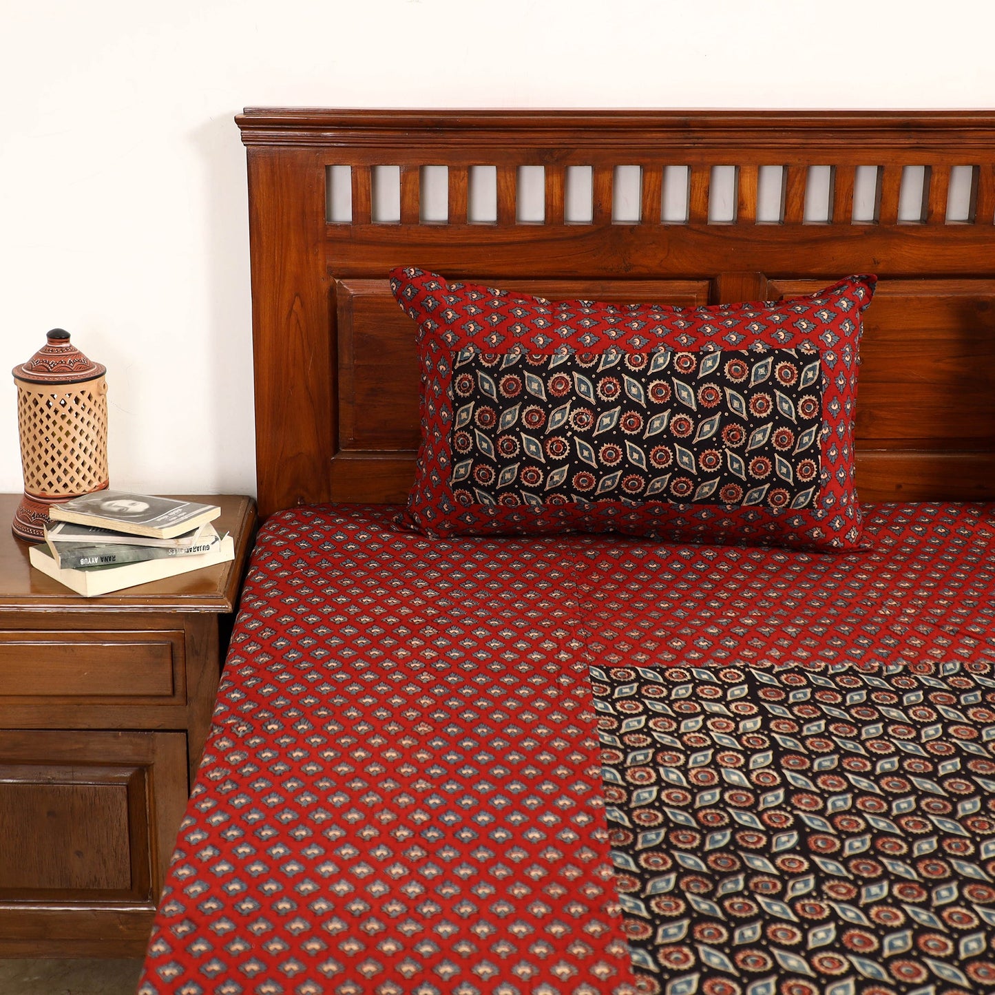 Red - printed patchwork cotton double bed cover with pillow