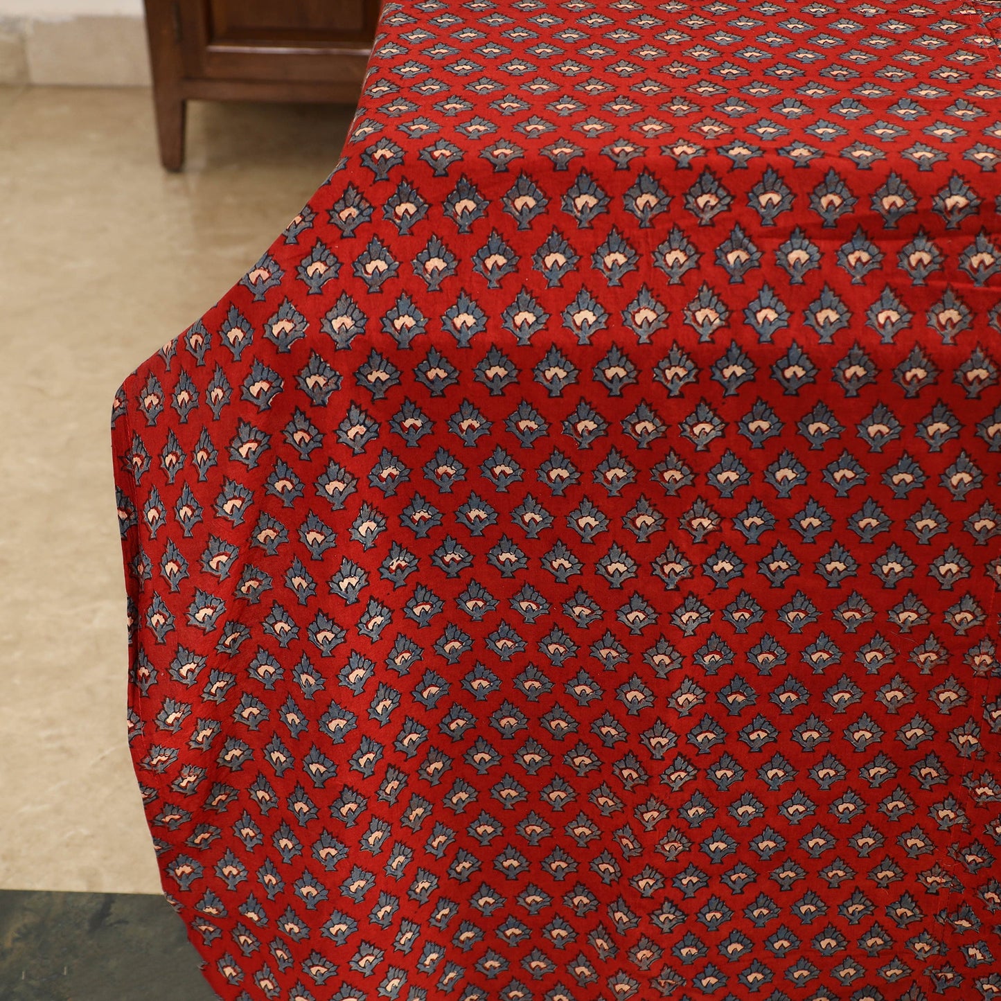 Red - printed patchwork cotton double bed cover with pillow