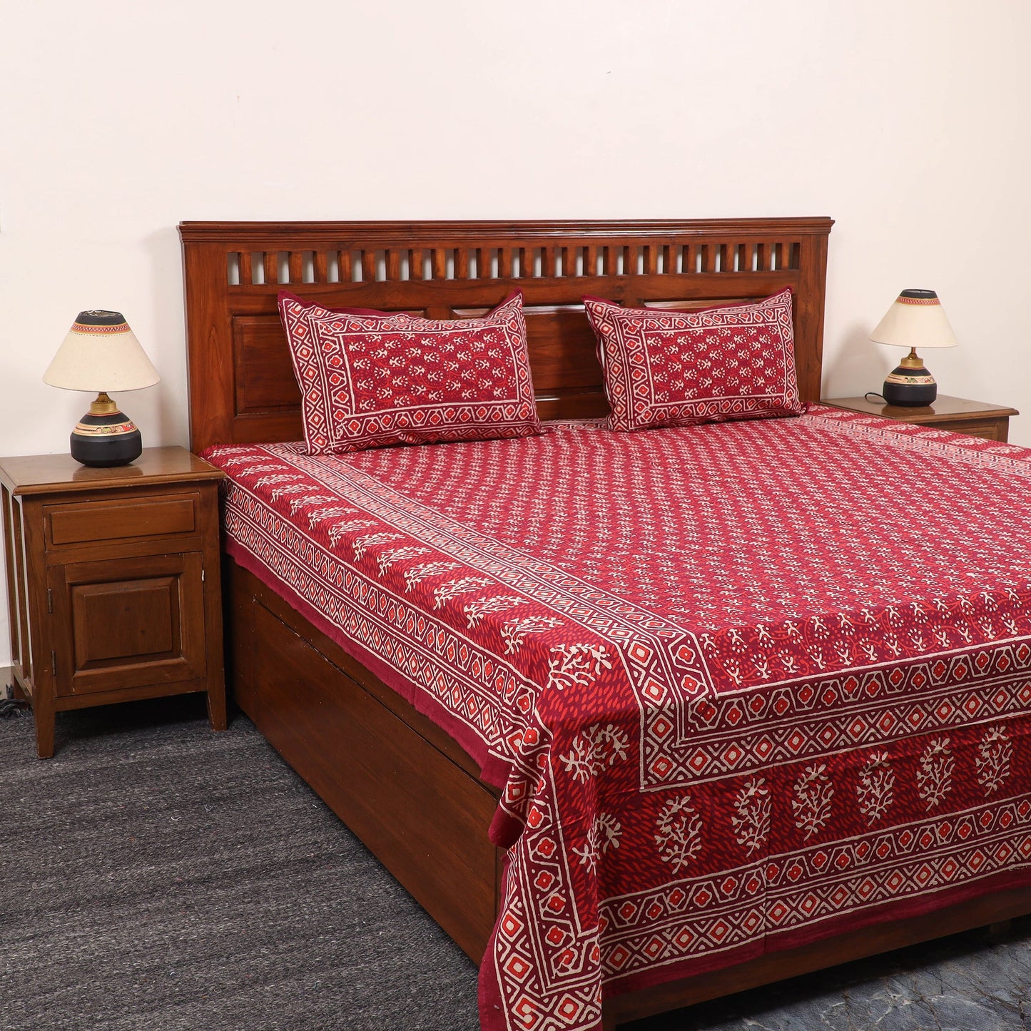 Red Pure Cotton Double Bagru Print Bed Cover Set