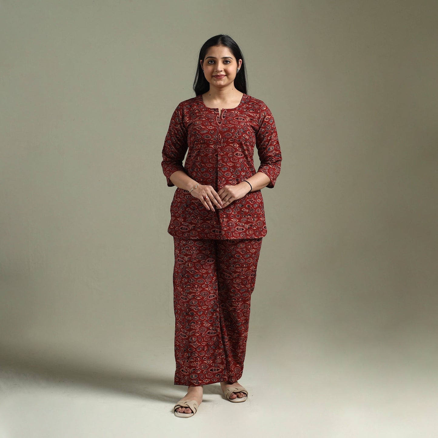 Pure cotton natural dyed ajrakh hand block print night suit