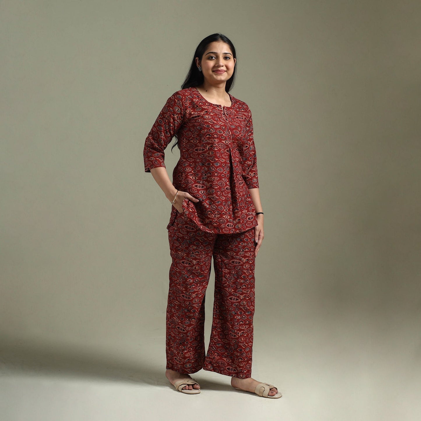 Pure cotton natural dyed ajrakh hand block print night suit
