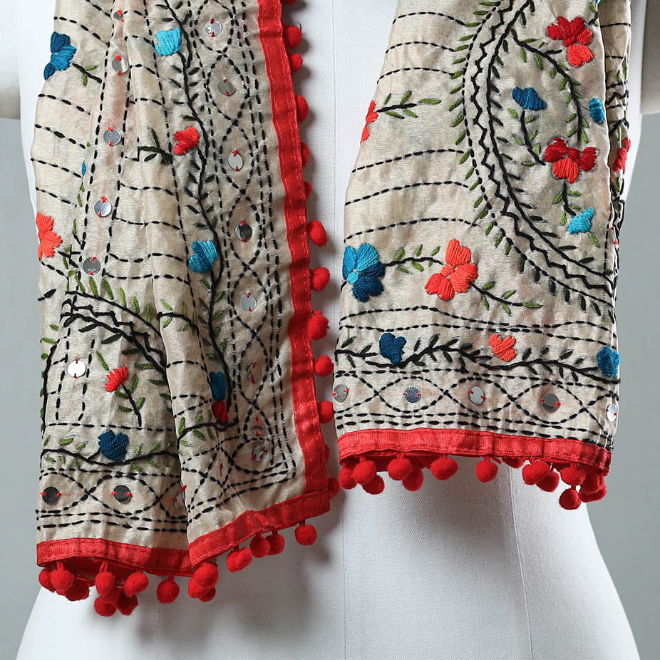 Red Ranihati Chanderi Silk Embroidered Stole