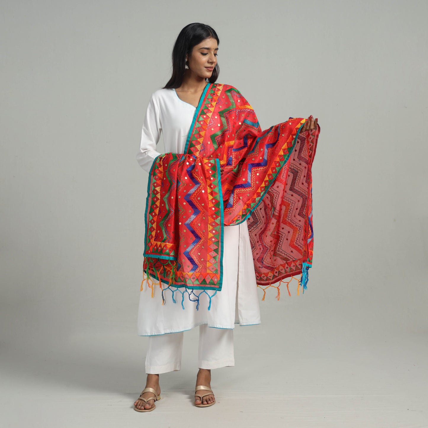 Red Ranihati Chanderi Silk Tagai Work Phulkari Dupatta