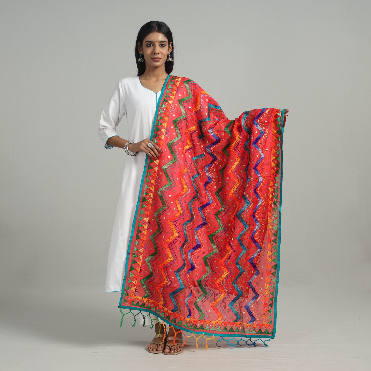 Red Ranihati Chanderi Silk Tagai Work Phulkari Dupatta