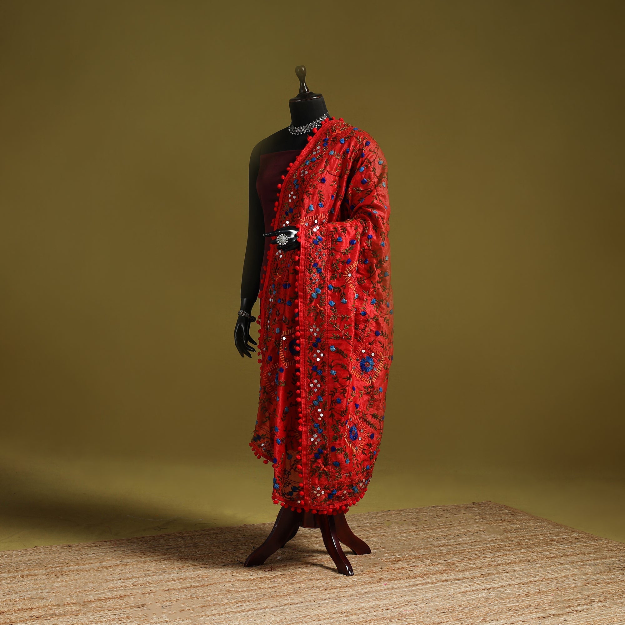 Red - Ranihati Chanderi Silk Zig Zag Hand Embroidery Dupatta 09