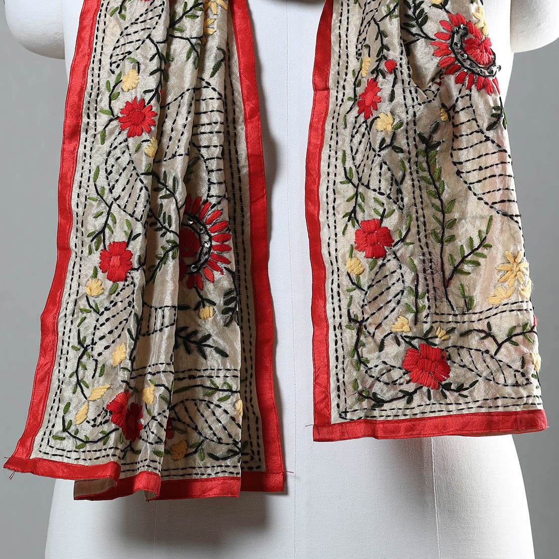 Red Ranihati Chapa Work Embroidery Chanderi Silk Stole
