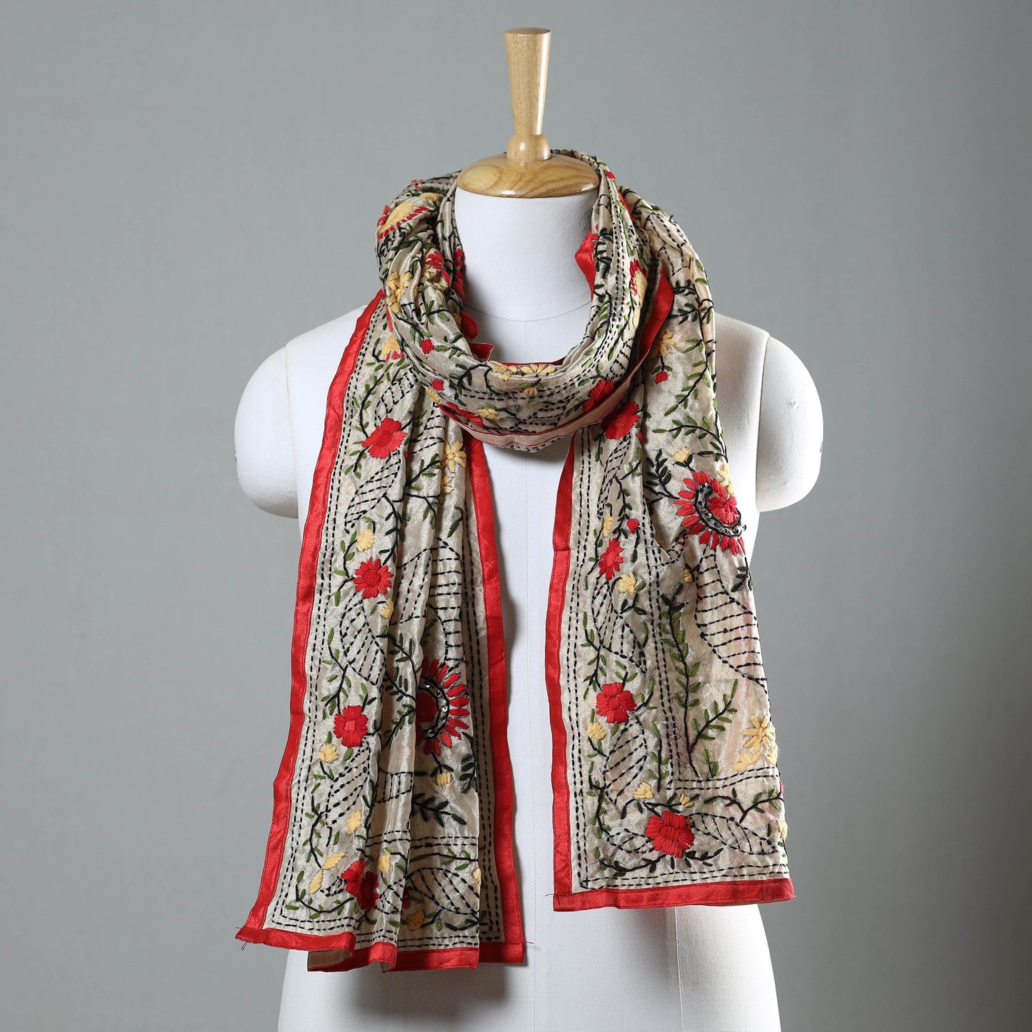 Red Ranihati Chapa Work Embroidery Chanderi Silk Stole