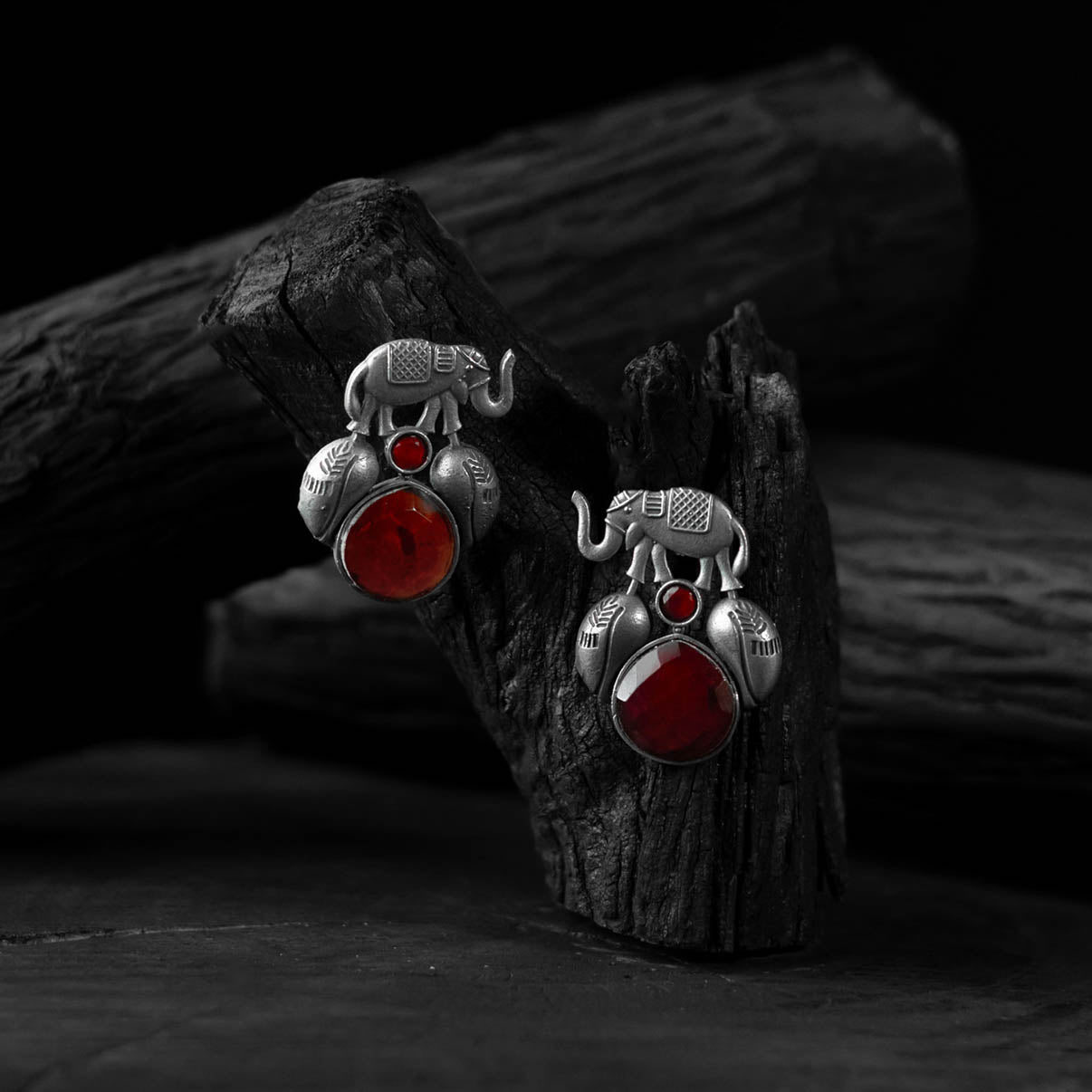 Red - saanjh bela elephant & leaves oxidised earrings