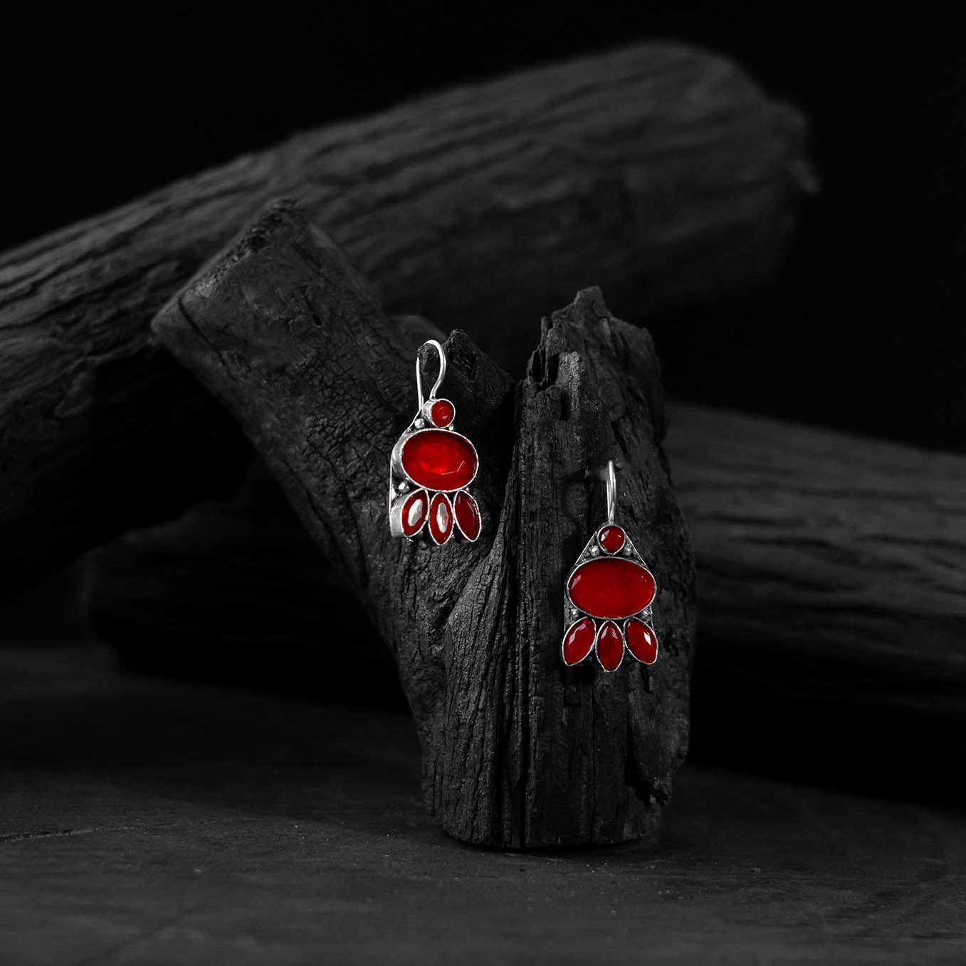 Red - saanjh bela leaf oxidised drop earrings - handcrafted