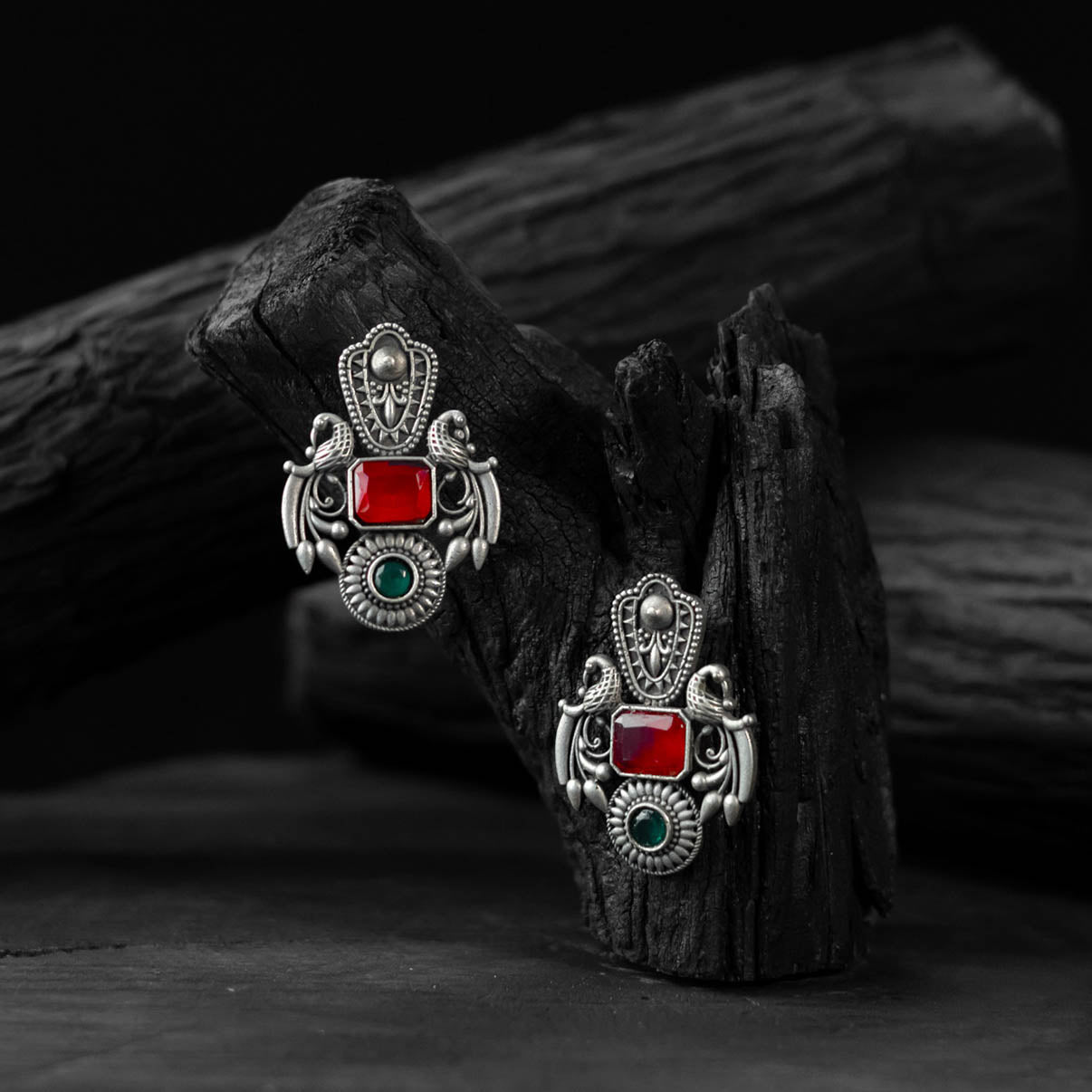 Red - saanjh bela mayuri oxidised earrings - handcrafted