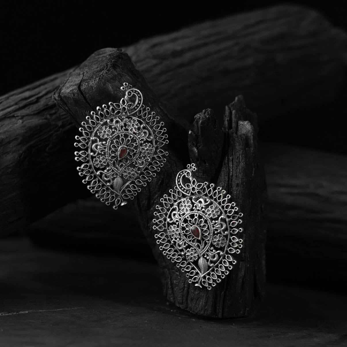Red - saanjh bela peacock & paisley oxidised earrings