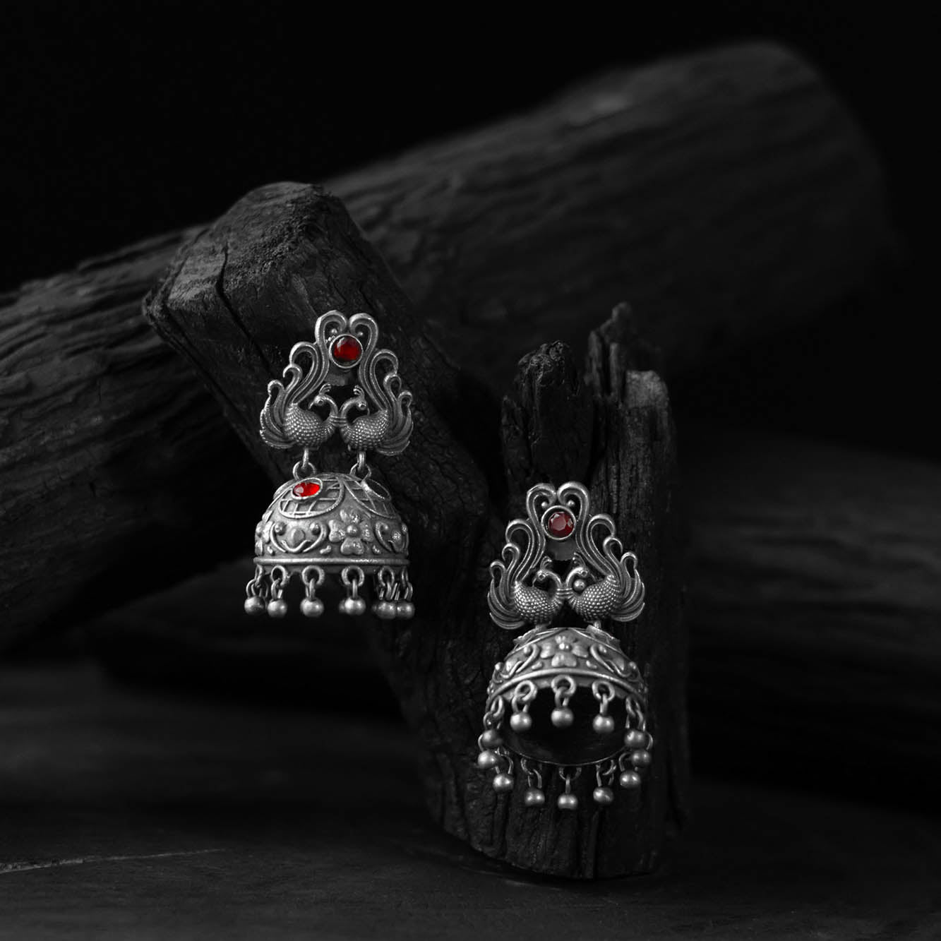 Red - saanjh bela twin mayuri oxidised earrings