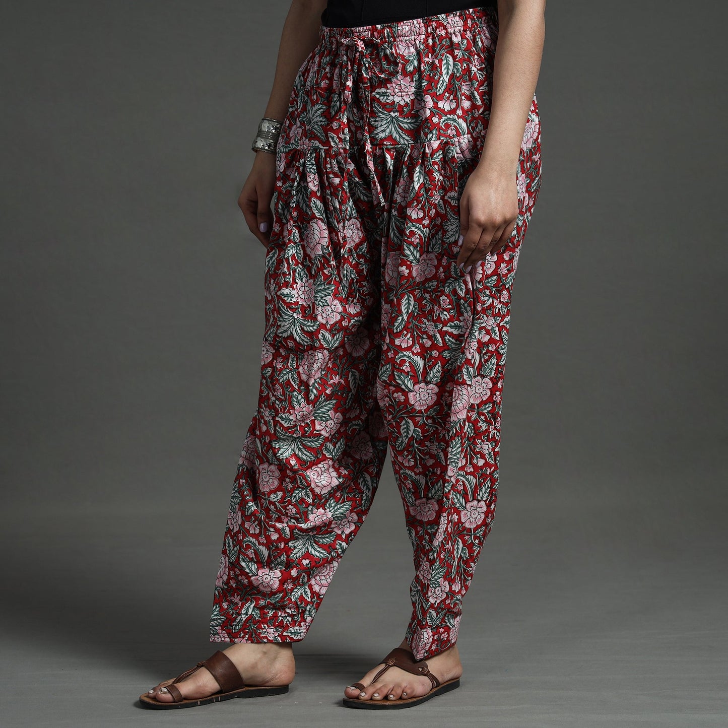 Red - sanganeri block printed cotton elasticated salwar