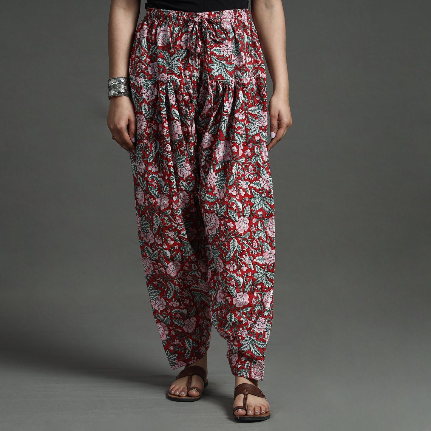 Red - sanganeri block printed cotton elasticated salwar