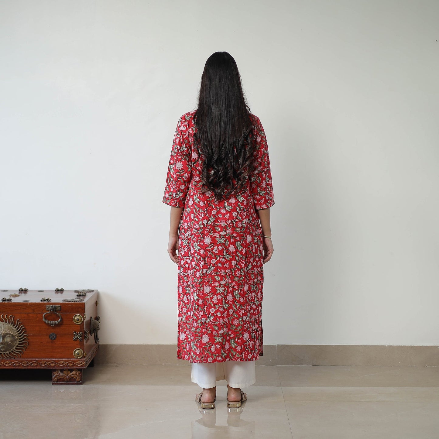 Buy Red Sanganeri Block Printed Cotton Long Straight Kurta for Women