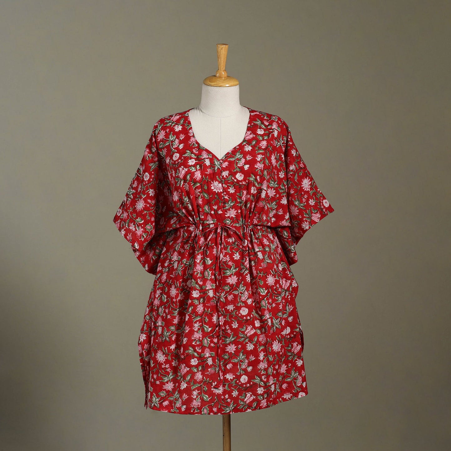 Red Sanganeri Block Print Cotton Kaftan (Medium)