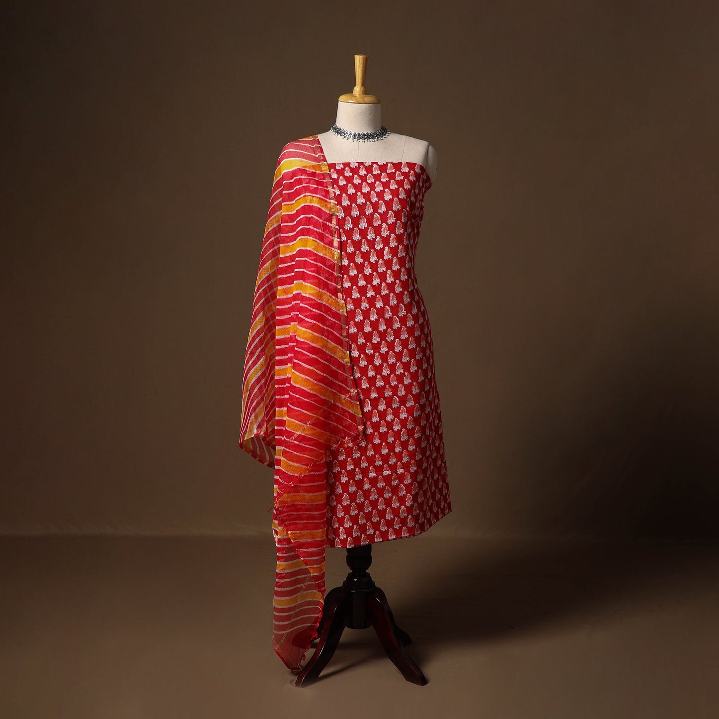Red - sanganeri hand block print cotton 2pc unstitched