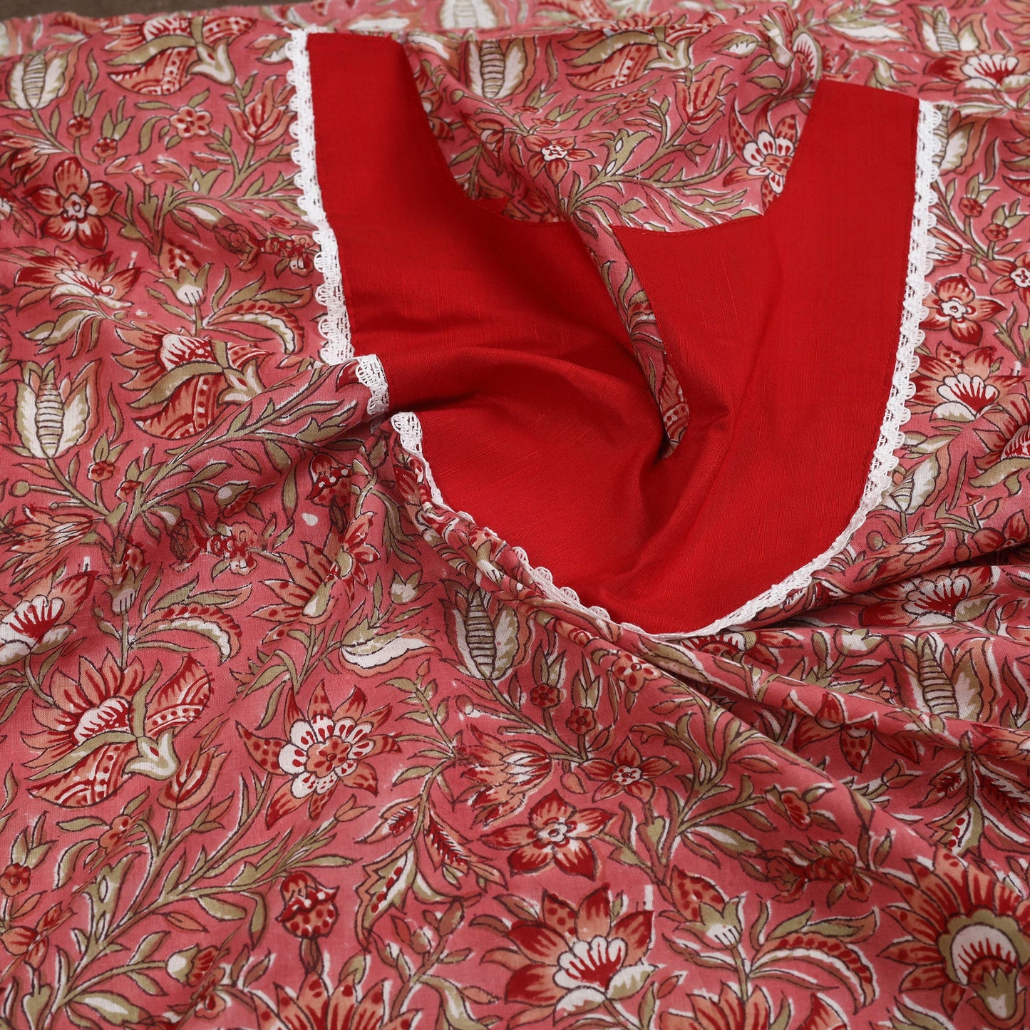 Red - sanganeri patchwork cotton unstitched kurta material