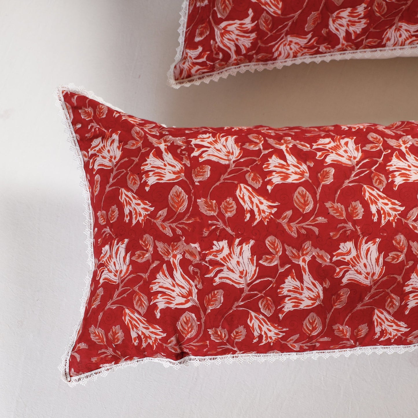 BuySanganeri Block Printed Cotton Pillow Cover With Lace (26 x 16 in) - Set of 2
