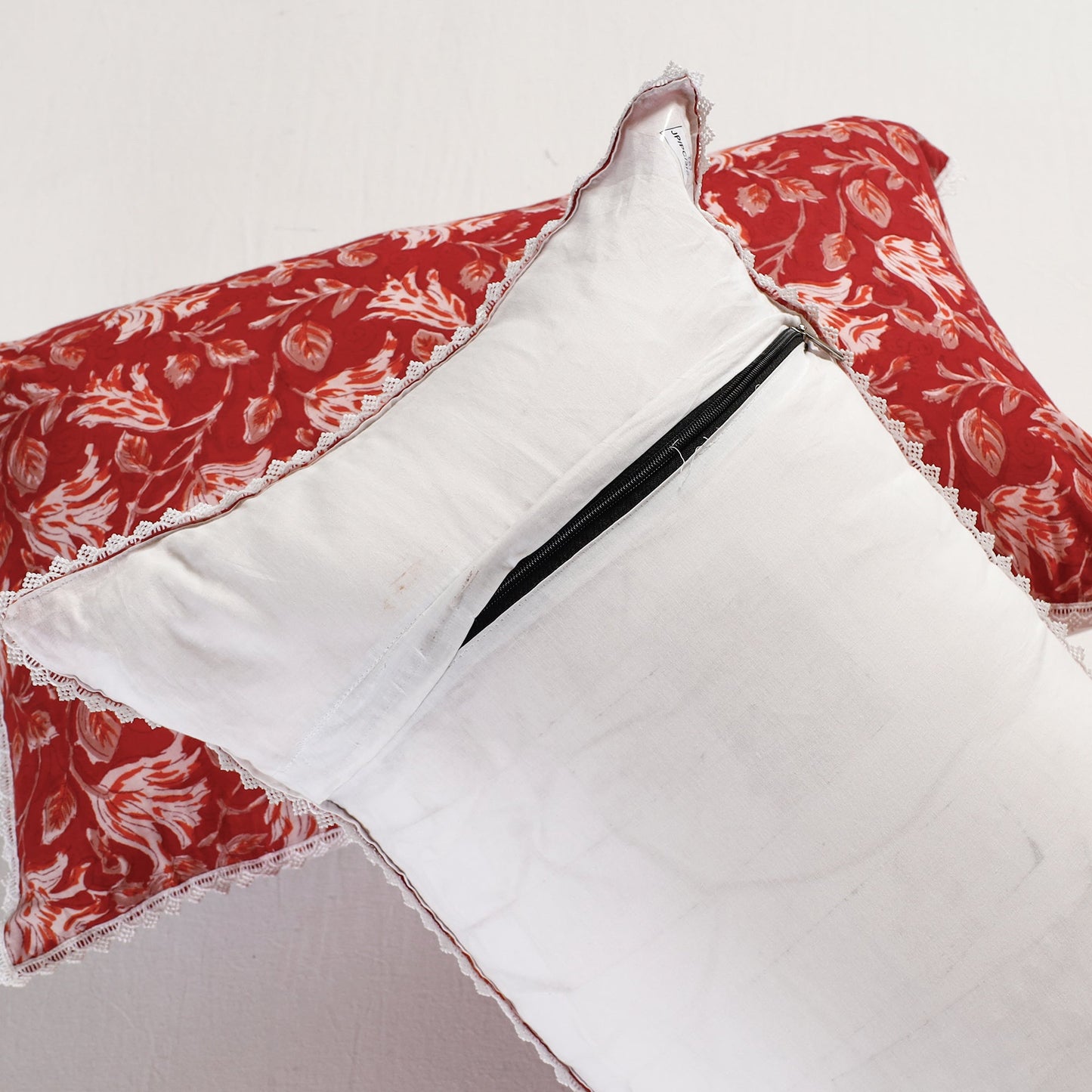 BuySanganeri Block Printed Cotton Pillow Cover With Lace (26 x 16 in) - Set of 2