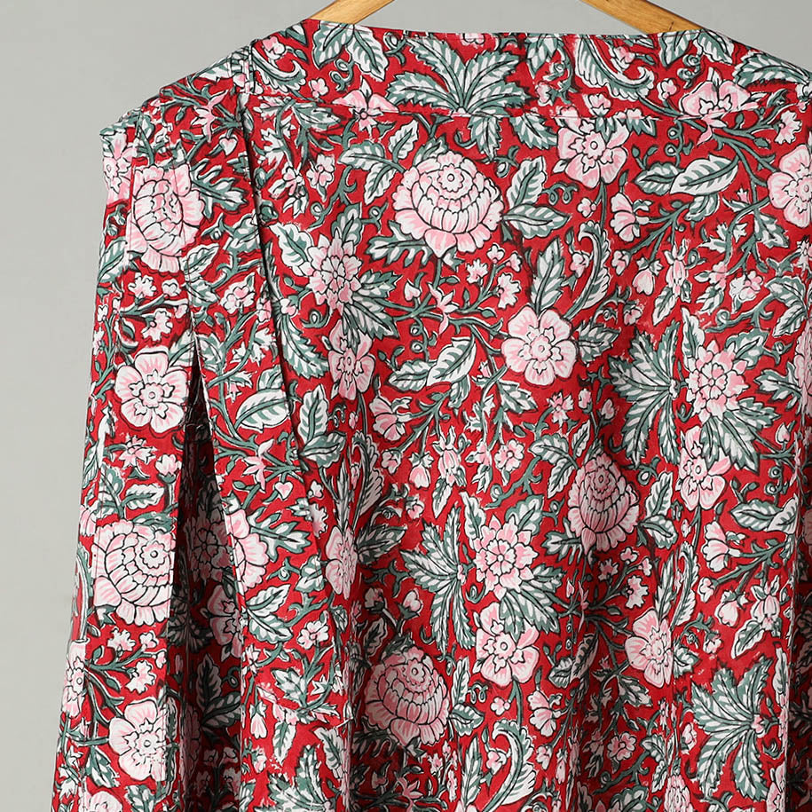 Red Sanganeri Block Printed Cotton Wrap Around Skirt