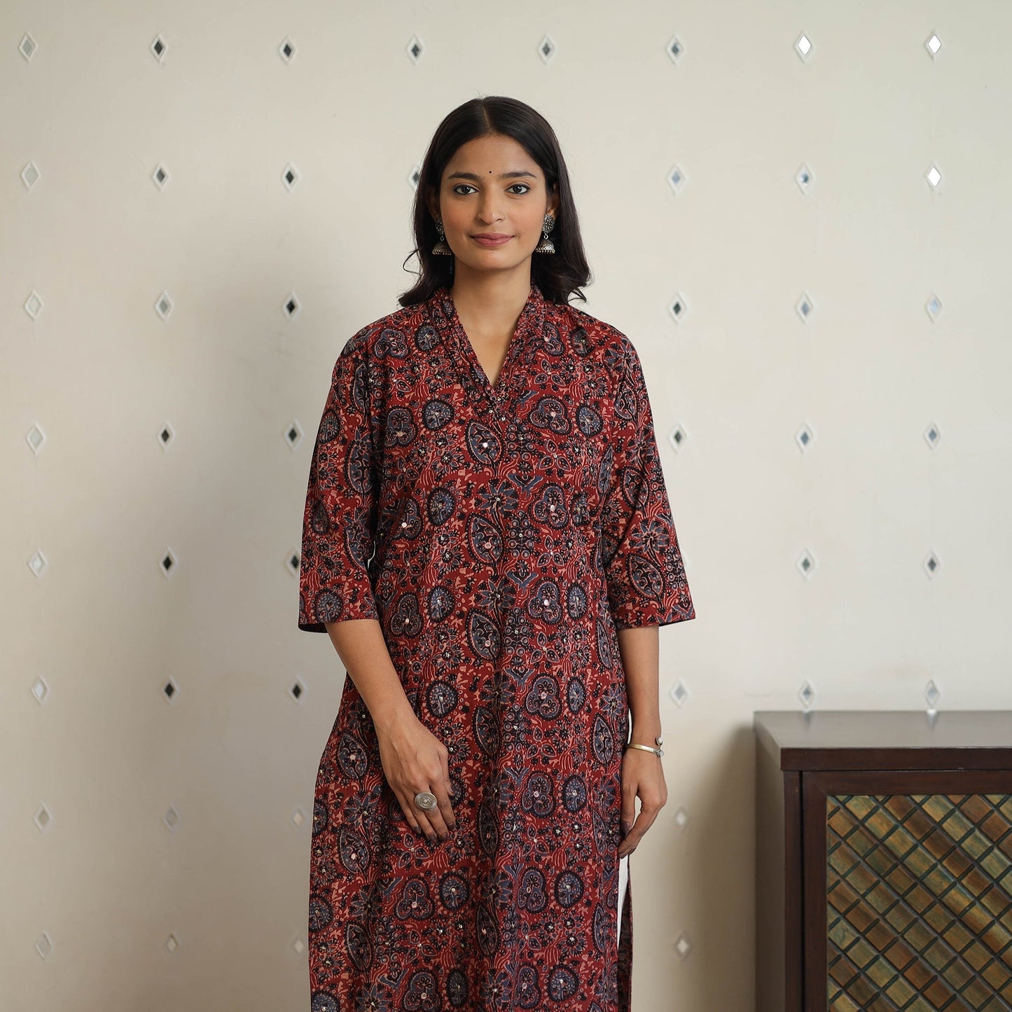 Red Sequins Cotton Straight Ajrakh Print Kurta for Women