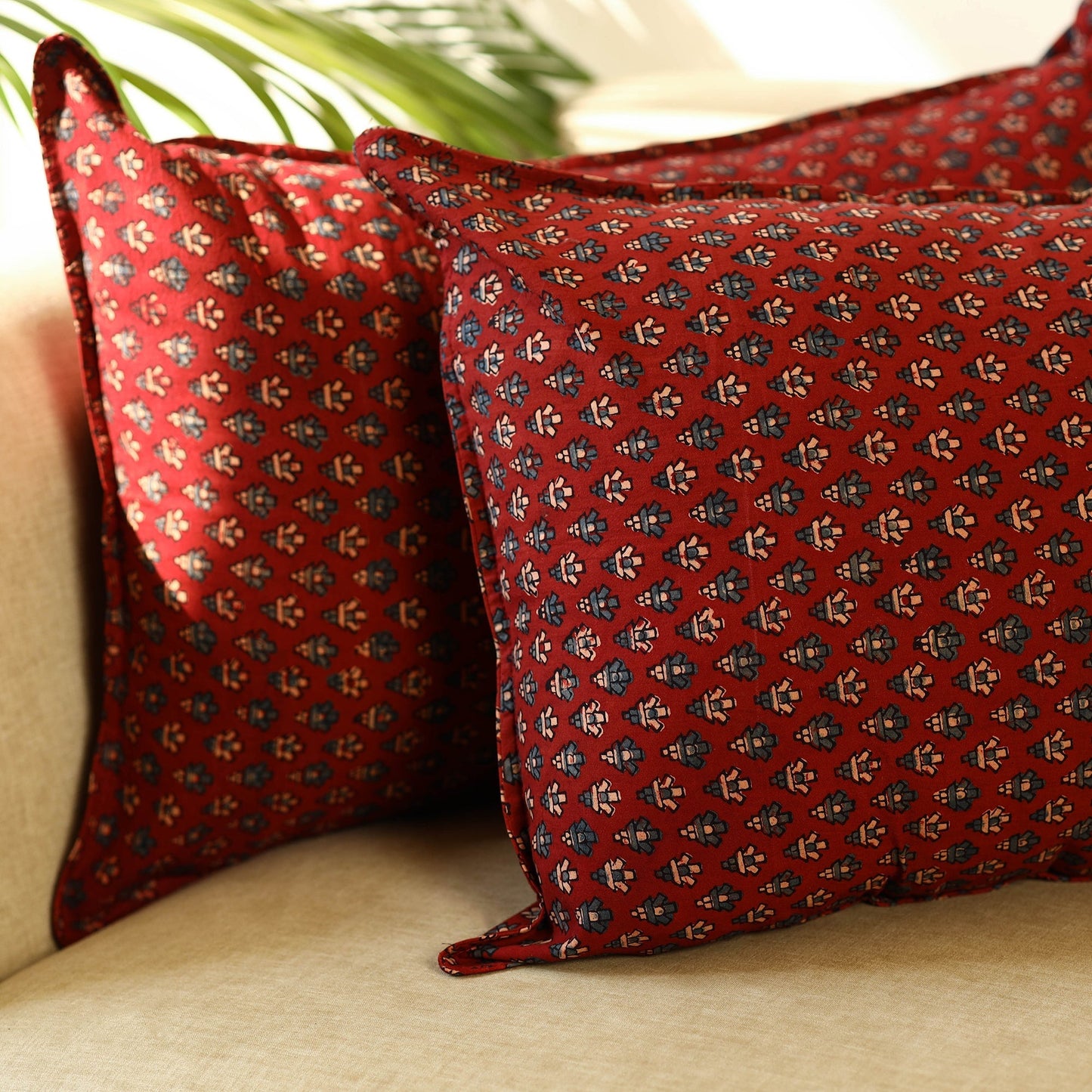 Buy Set of 2 Red Ajrakh Block Print Cotton Pillow Covers