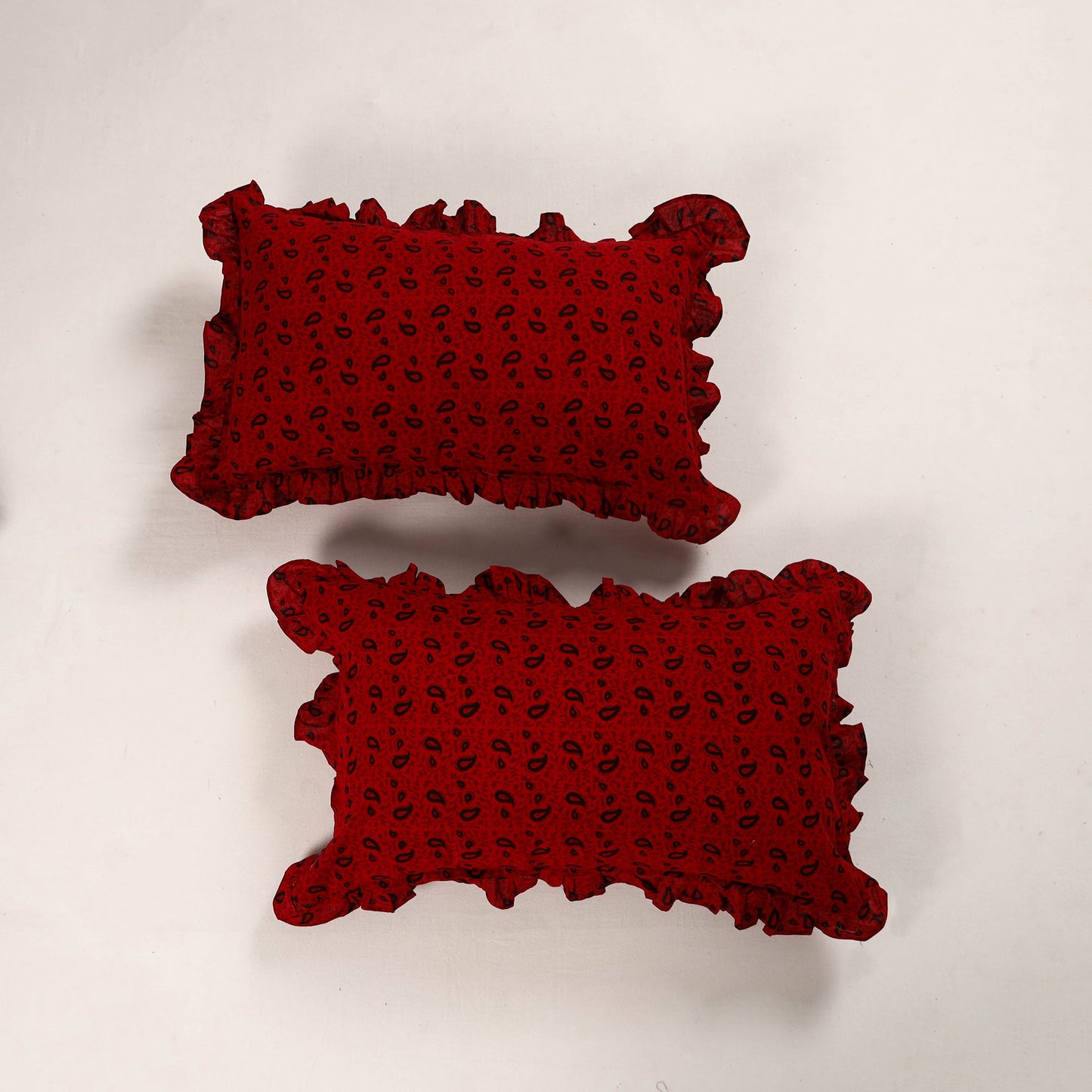 Buy Red Set of 2 Bagh Block Print Cotton Frill Pillow Covers