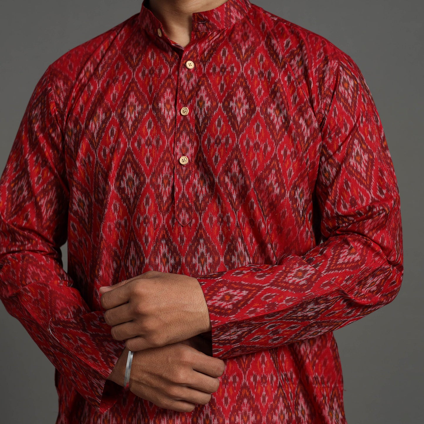 Red Silk Cotton Handwoven Pochampally Ikat Kurta for Men