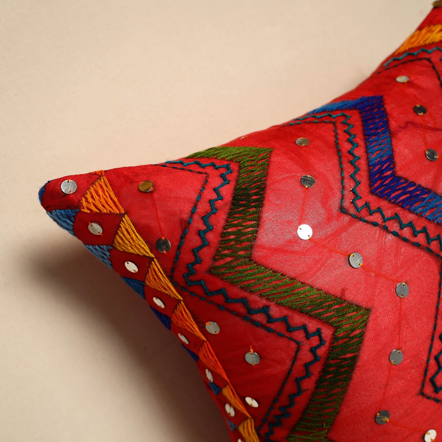 Silk Cotton Red Phulkari Embroidered Cushion Cover