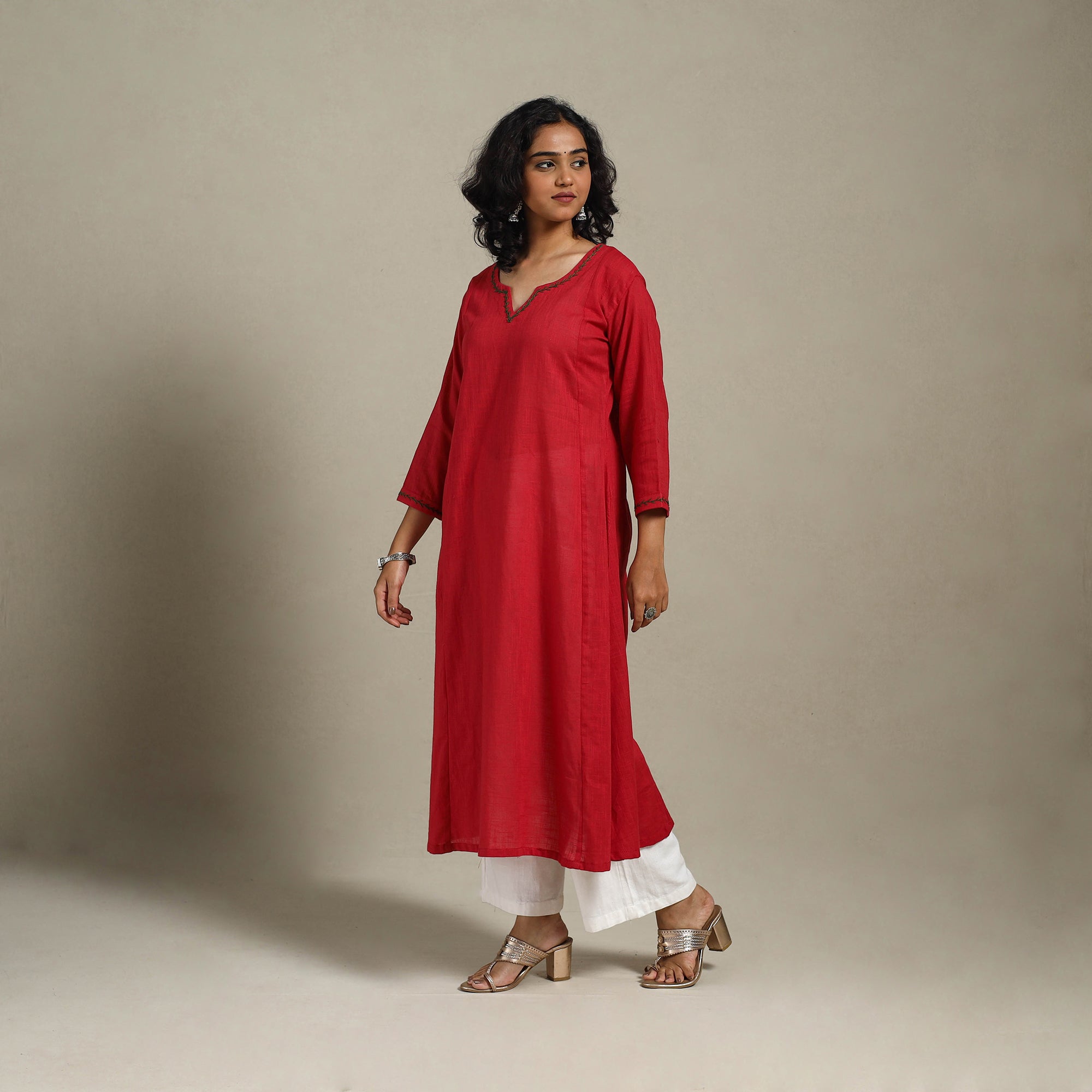 Red - Slub Cotton A-Line Plain Long Kurta with Hand Embroidery 04