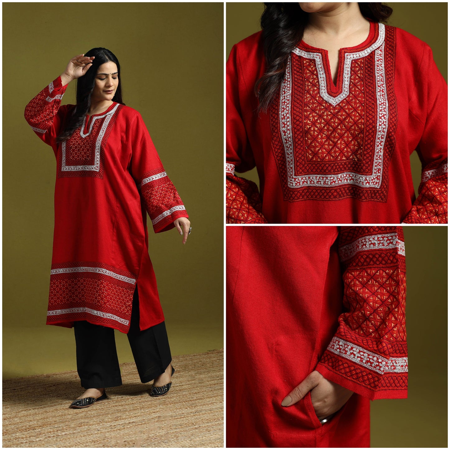Red - sozni zari work hand embroidery kashmiri merino wool