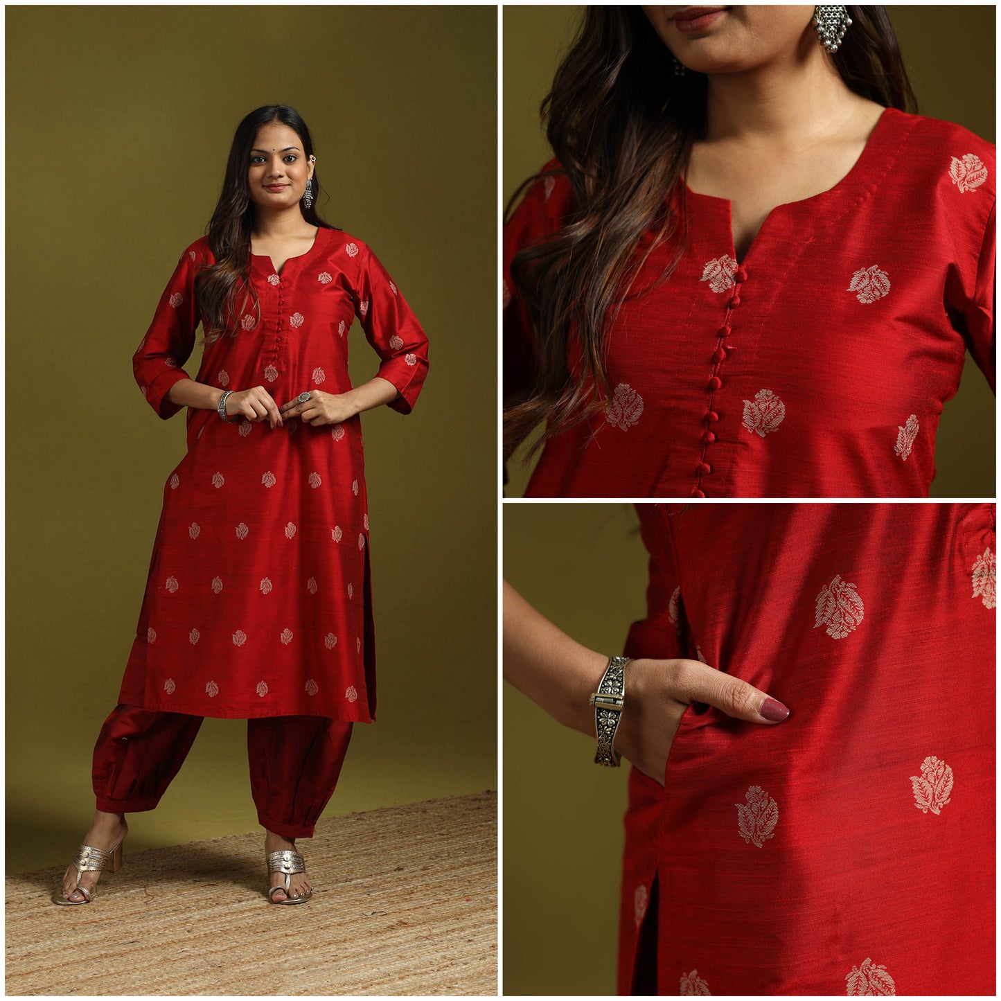 Spun dupion viscose silk thread buti 2pc kurta set