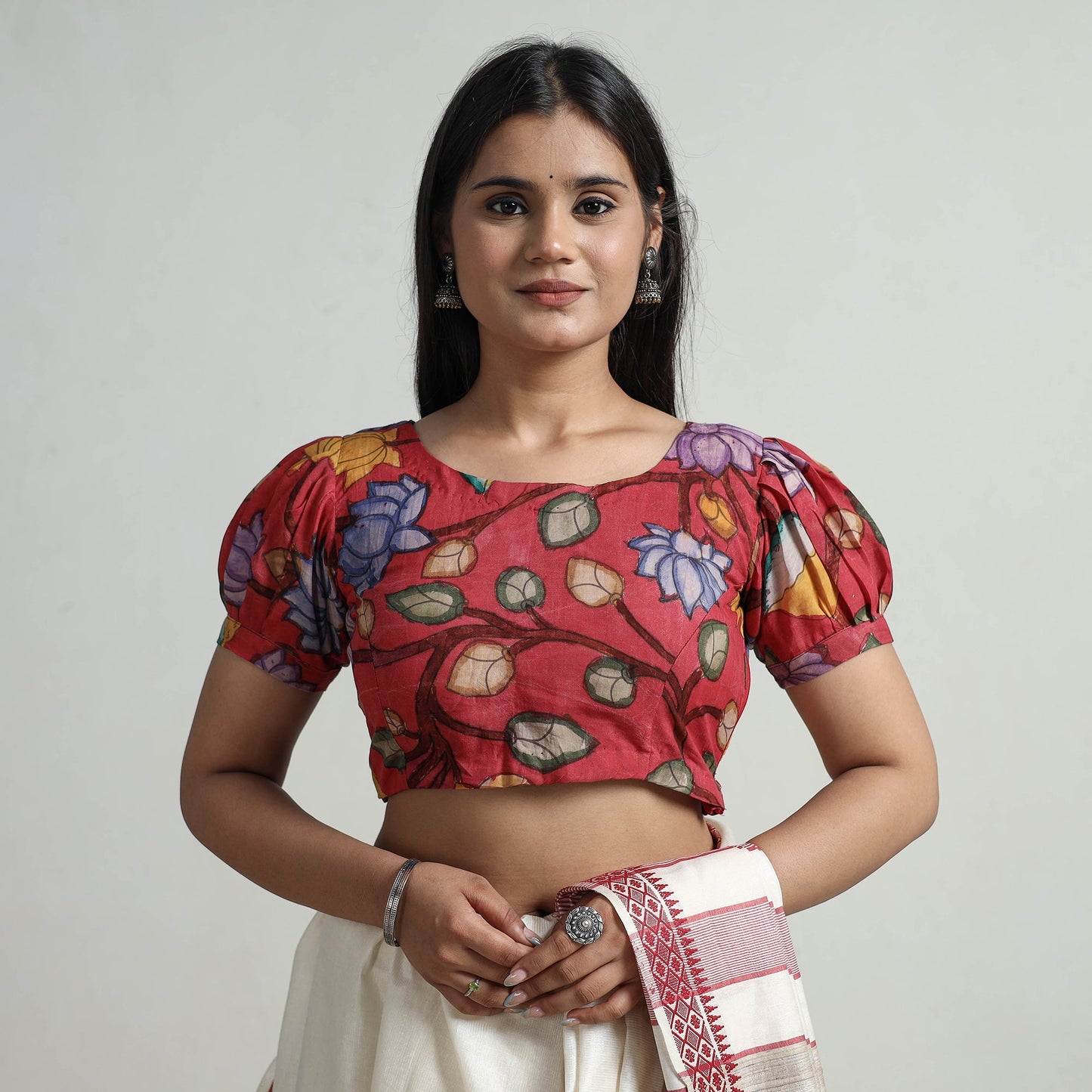 Red - srikalahasti handpainted penwork kalamkari chanderi