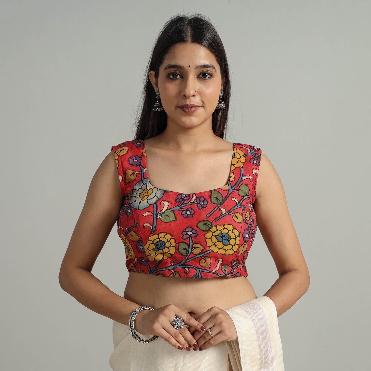 Red - srikalahasti handpainted penwork kalamkari chanderi